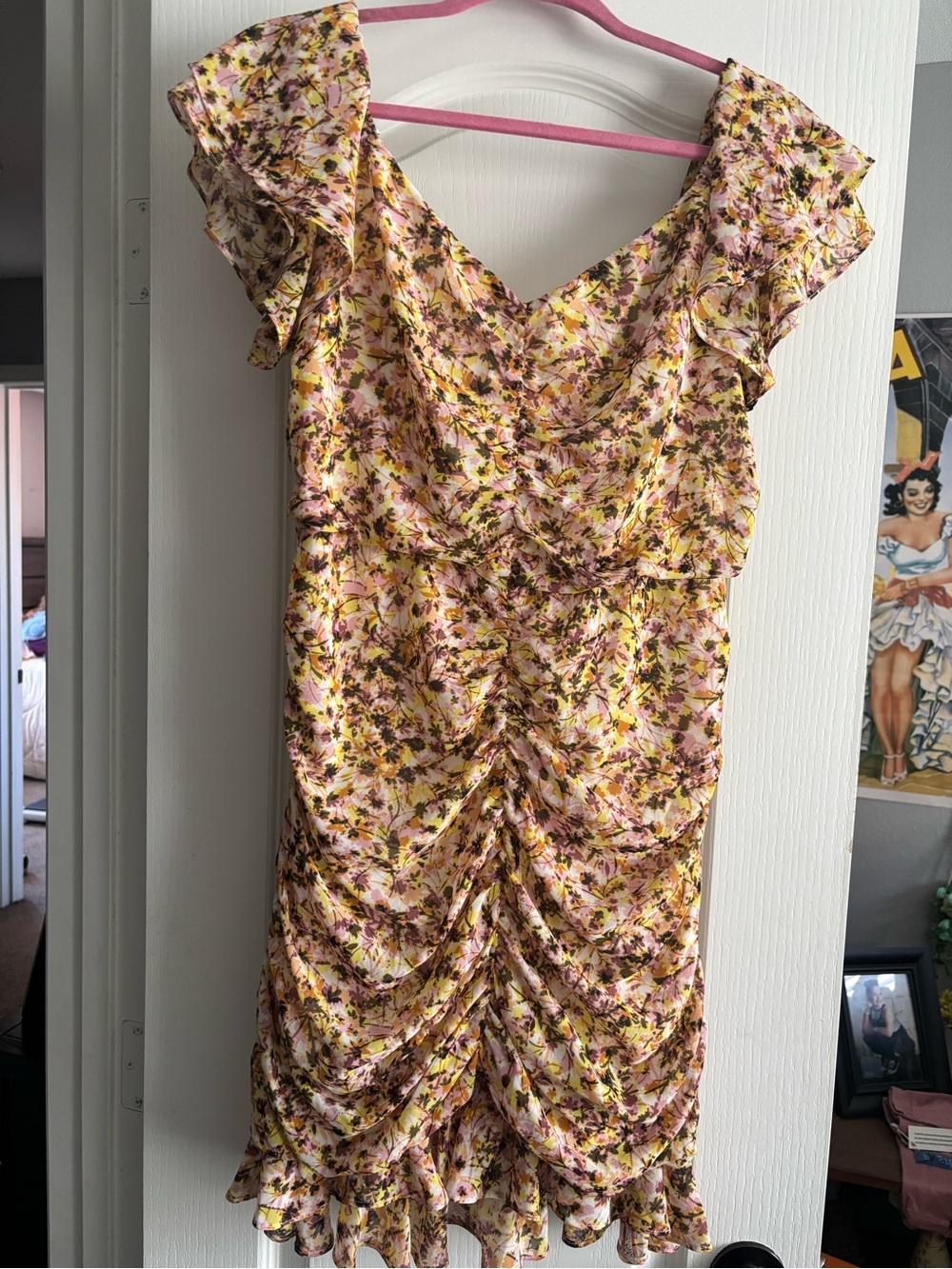 Astr Floral Ruched Midi Dress in Pink and Yellow